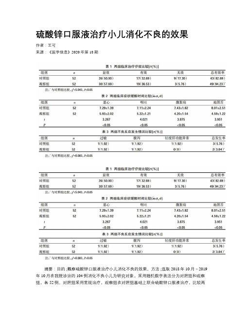 硫酸锌口服液治疗小儿消化不良的效果