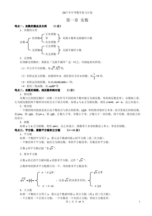 2017年初中数学知识点中考总复习总结归纳资料