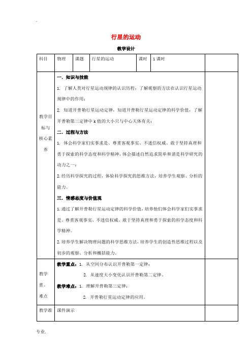 高中物理 第七章 万有引力与宇宙航行 第一节 行星的运动教案 新人教版必修第二册-新人教版高中第二册