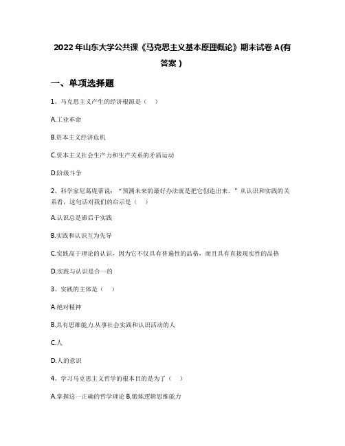 2022年山东大学公共课《马克思主义基本原理概论》期末试卷A(有答案)