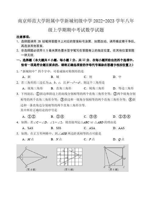 南京师范大学附属中学新城初级中学2022-2023学年八年级上学期期中考试数学试题(含答案)