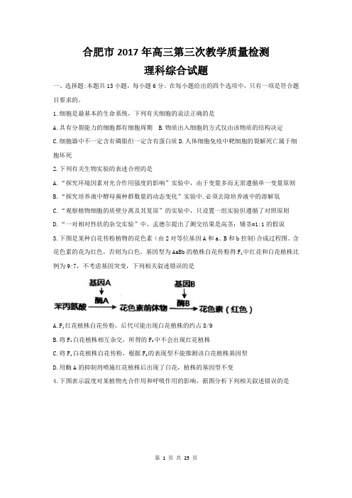 理综卷·2017届安徽省合肥市高三第三次教学质量检测