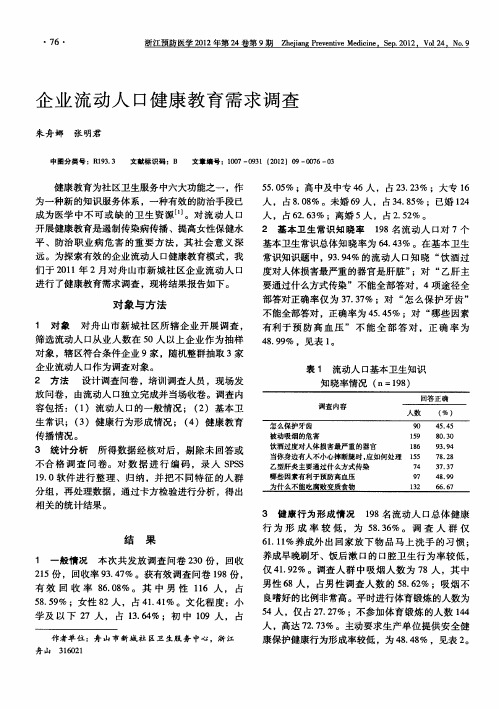 企业流动人口健康教育需求调查