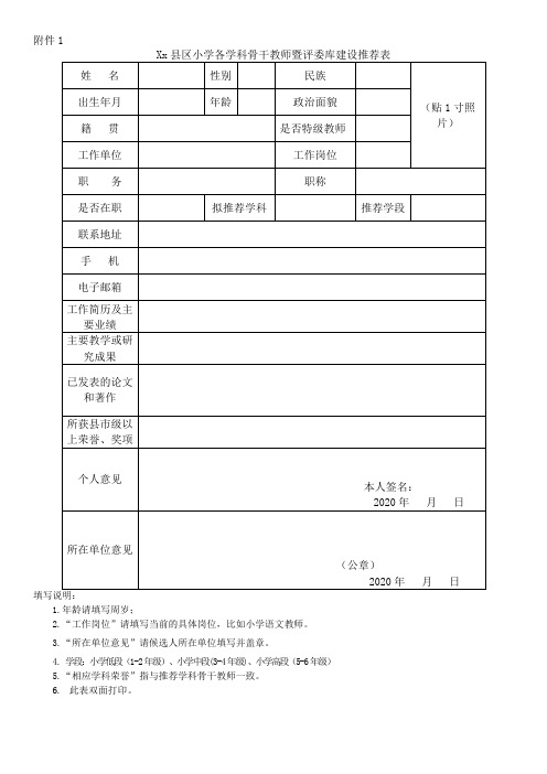 Xx县区小学各学科骨干教师暨评委库建设推荐表