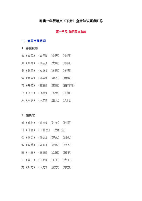 部编版一年级语文下册全册知识要点汇总【最新版】