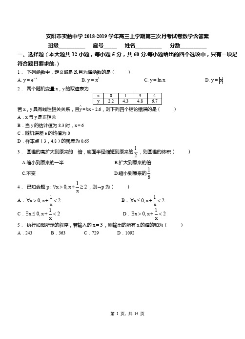 安阳市实验中学2018-2019学年高三上学期第三次月考试卷数学含答案