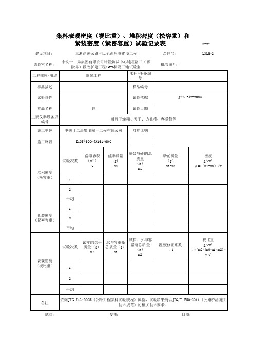 砂的表观密度(视比重)、堆积密度(松容重)和紧装密度(紧装容重)试验记录表