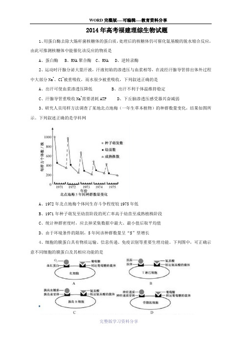 2014年高考福建理综生物试题