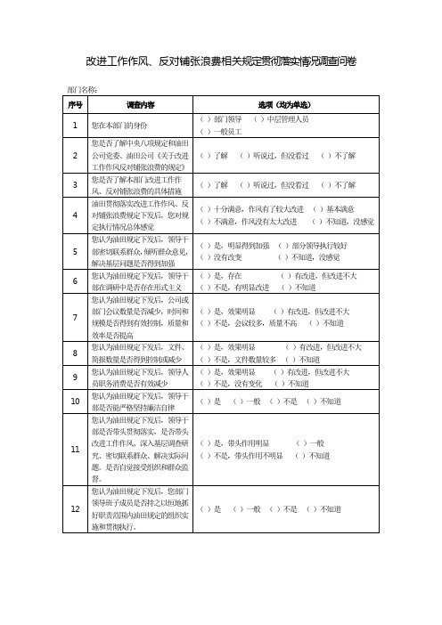 八项规定等贯彻落实情况调查问卷(机关各部门)