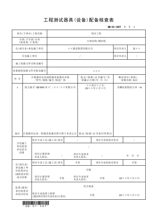 工程测试器具(设备)配备核查表