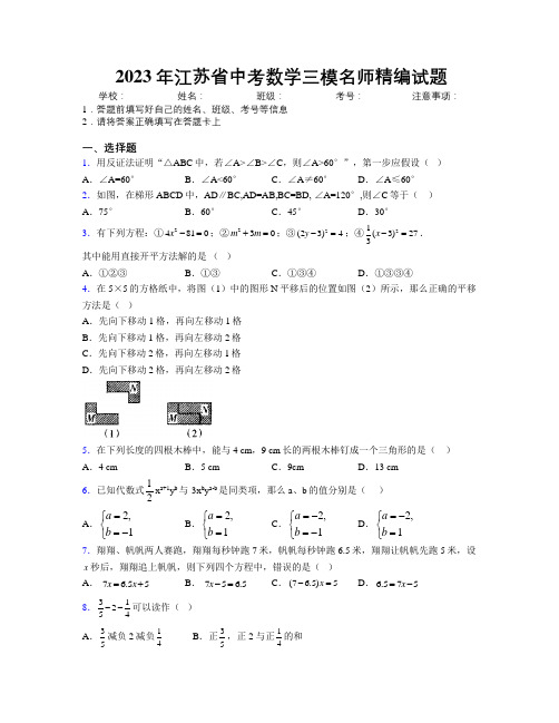 2023年江苏省中考数学三模名师精编试题附解析