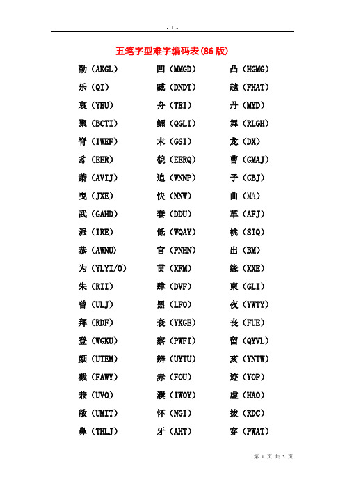 五笔字型难字编码表