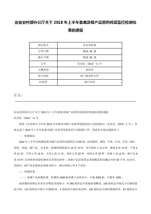 农业农村部办公厅关于2018年上半年畜禽及蜂产品兽药残留监控检测结果的通报-农办医〔2018〕41号