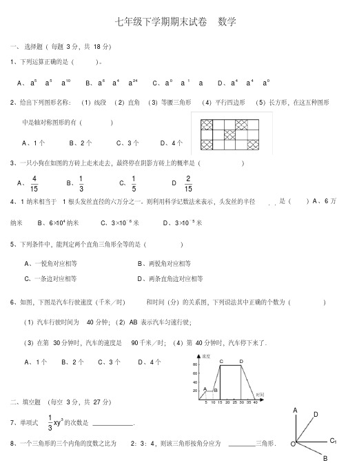 北师大版七年级数学下册期末考试试卷及答案