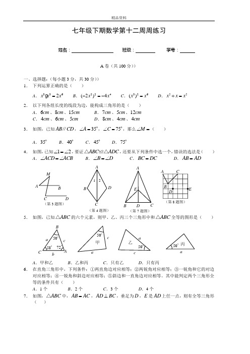 【新】北师大版七年级下册数学第十二周周练习含答案 (2)
