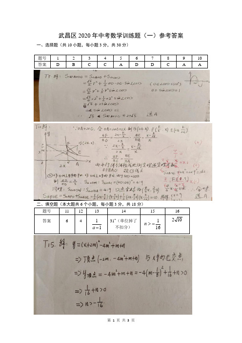 2020年武昌区中考数学训练题(一)参考答案(6月调考)