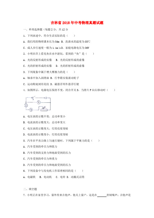 吉林省2018年中考物理真题试题(含解析)