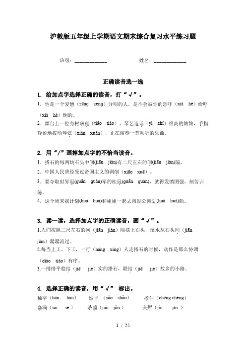 沪教版五年级上学期语文期末综合复习水平练习题