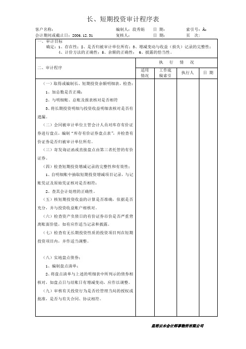 271长、短期投资审计程序表及审定表