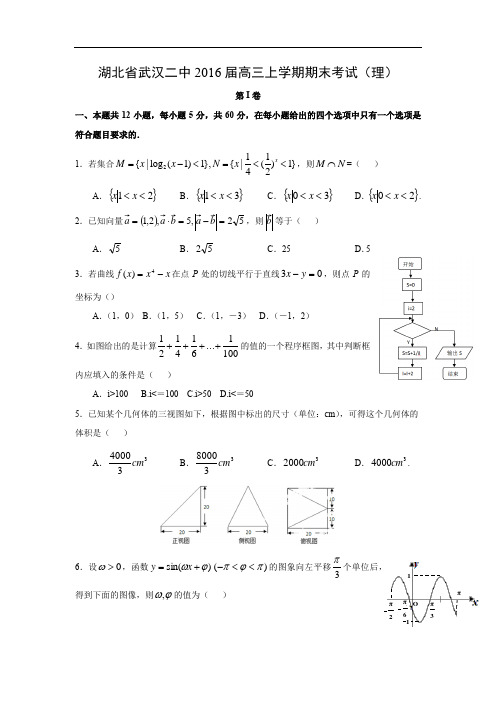 【数学】湖北省武汉二中2016届高三上学期期末考试(理)(word版,附答案)