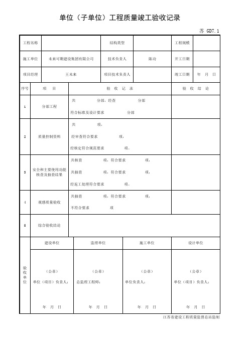 GD7.1 单位(子单位)工程质量竣工验收记录(市政工程用表)