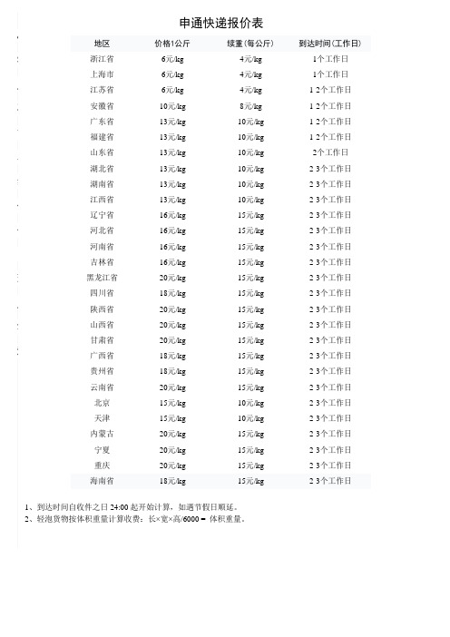 申通快递报价表