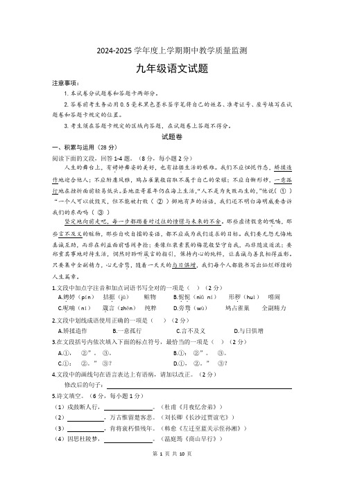 山东省临沂市沂南县2024-2025学年九年级上学期期中考试语文试题(文字版,含答案)