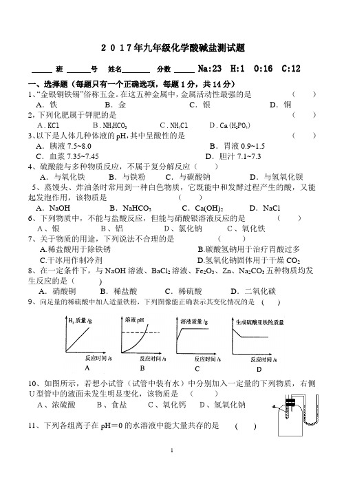 2017年九年级化学酸碱盐测试题