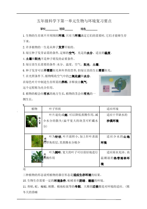 教科版 五年级科学下第一单元生物与环境复习要点