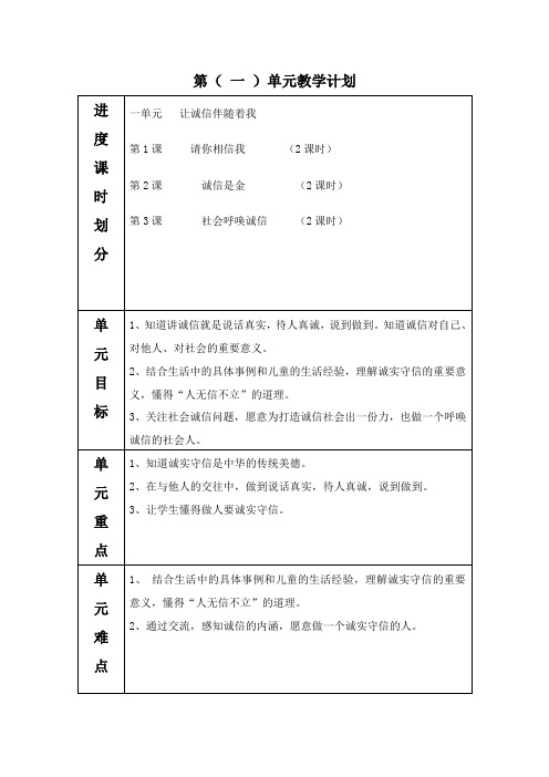 五上思品一至四单元计划