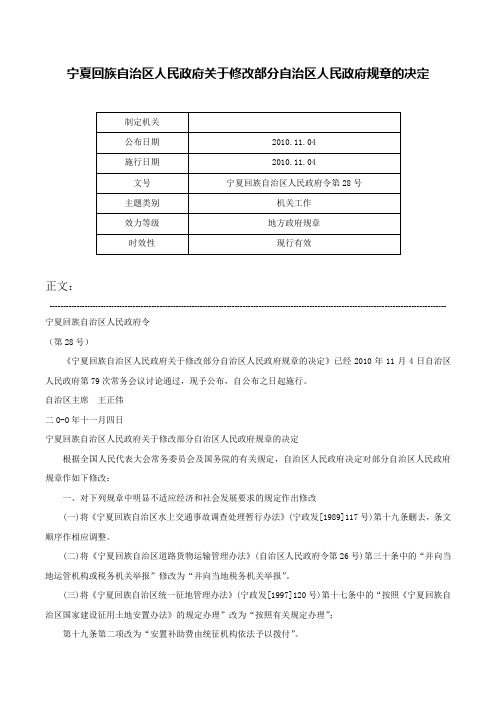 宁夏回族自治区人民政府关于修改部分自治区人民政府规章的决定-宁夏回族自治区人民政府令第28号