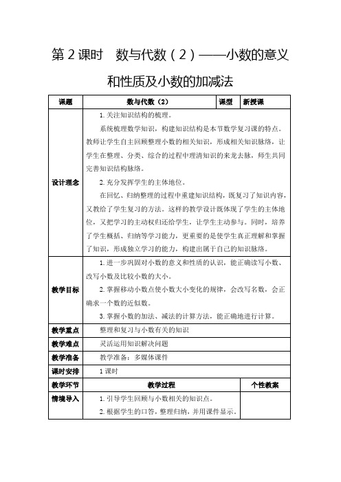 人教版四年级下册《总复习：数与代数(2)—小数的意义和性质及小数的加减法》教学设计及反思