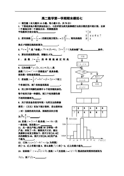 苏教版高二数学第一学期期末复习模拟7附答案