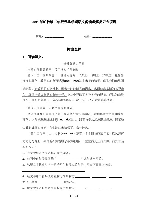 2024年沪教版三年级秋季学期语文阅读理解复习专项题