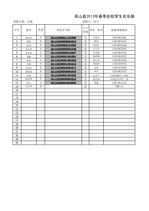 冯畈小学学生花名册表