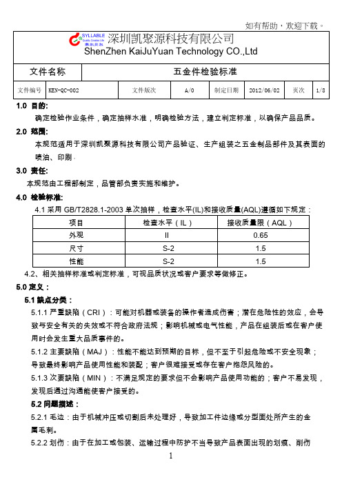 五金件外观检验标准