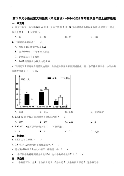 第3单元小数的意义和性质(单元测试)-2024-2025学年数学五年级上册苏教版(含答案)