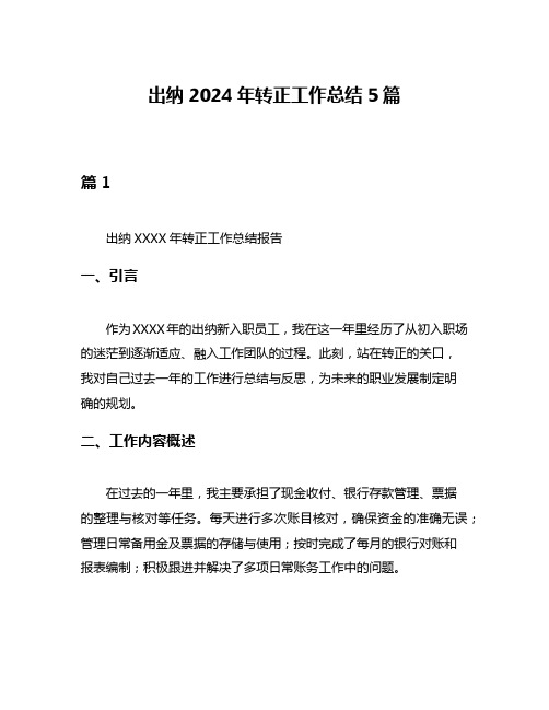 出纳2024年转正工作总结5篇