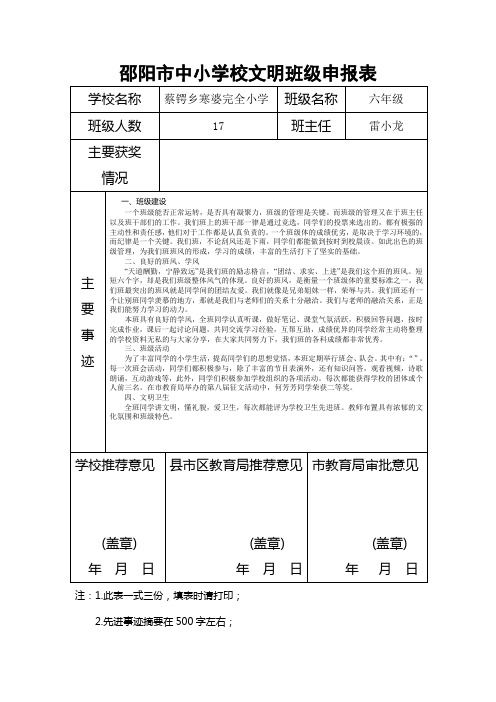 邵阳市中小学校文明班级申报表