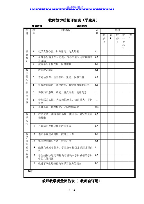 教师教学质量评估表(学生用)