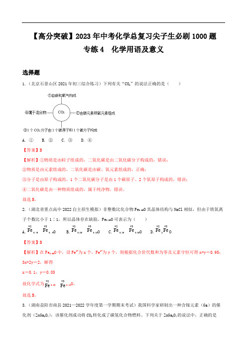 专练4化学用语及意义-中考化学总复习尖子生必刷1000题(全国通用)(解析版)