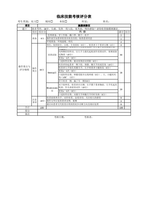 临床脑膜刺激征考核评分表 