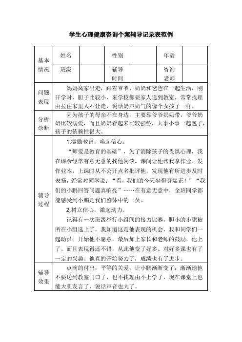 学生心理健康咨询个案辅导记录表范例