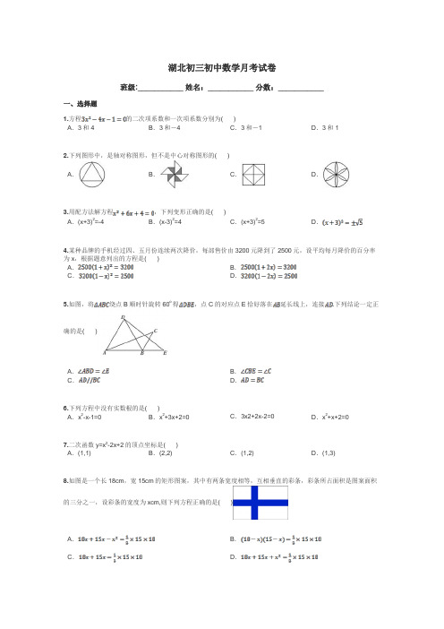 湖北初三初中数学月考试卷带答案解析
