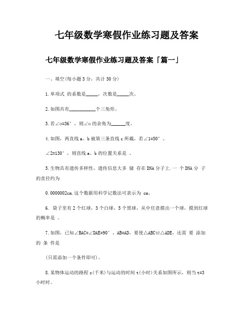 七年级数学寒假作业练习题及答案