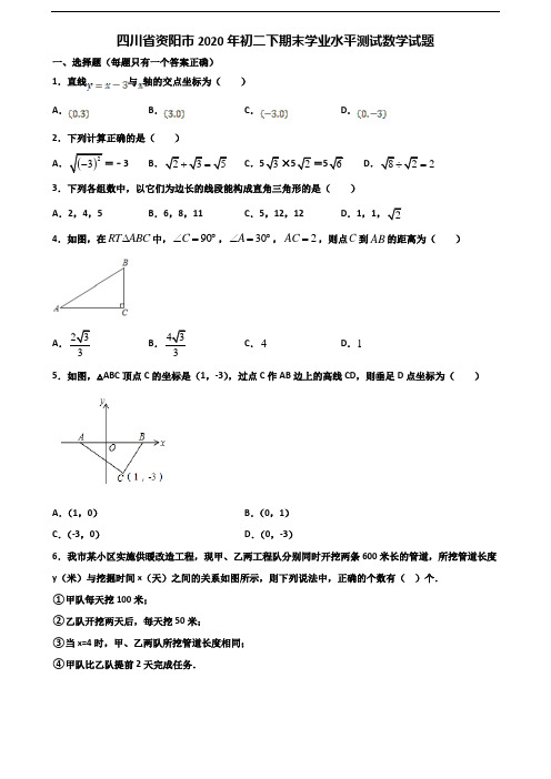 四川省资阳市2020年初二下期末学业水平测试数学试题含解析