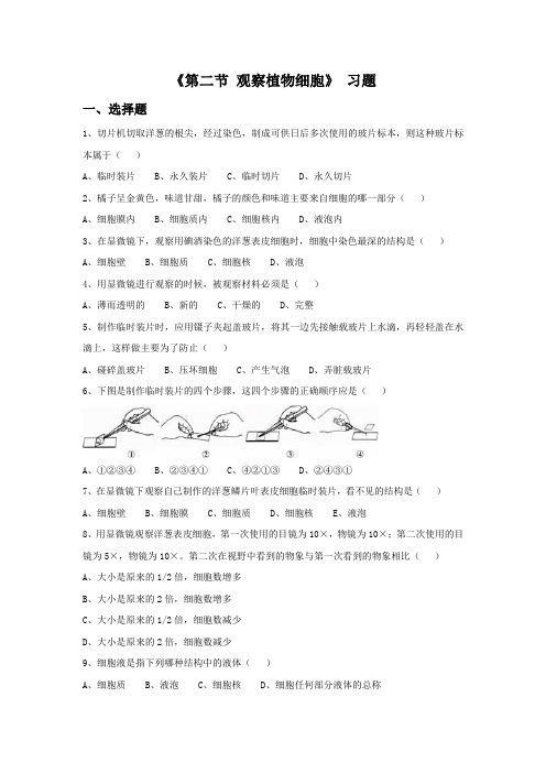 鲁科版生物六年级上册 第二单元第一章《第二节 观察植物细胞》 习题