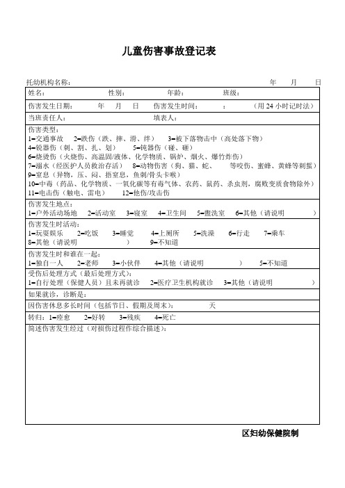 幼儿园(新版)儿童伤害事故登记表