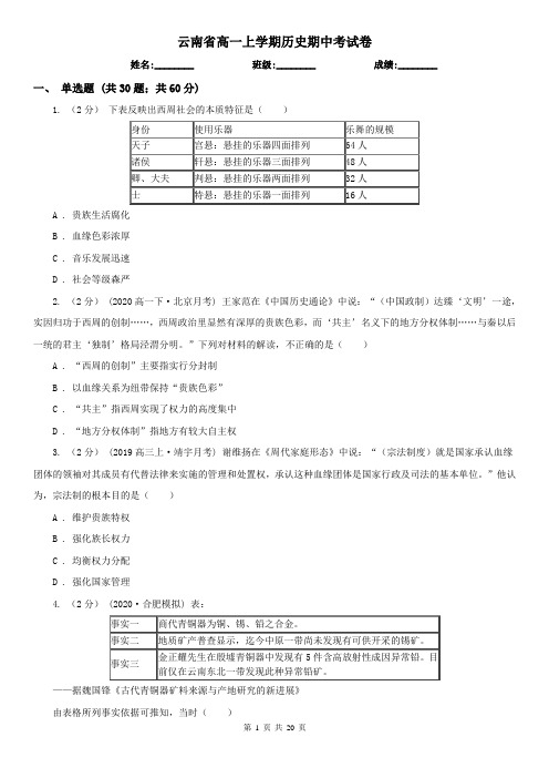 云南省高一上学期历史期中考试卷