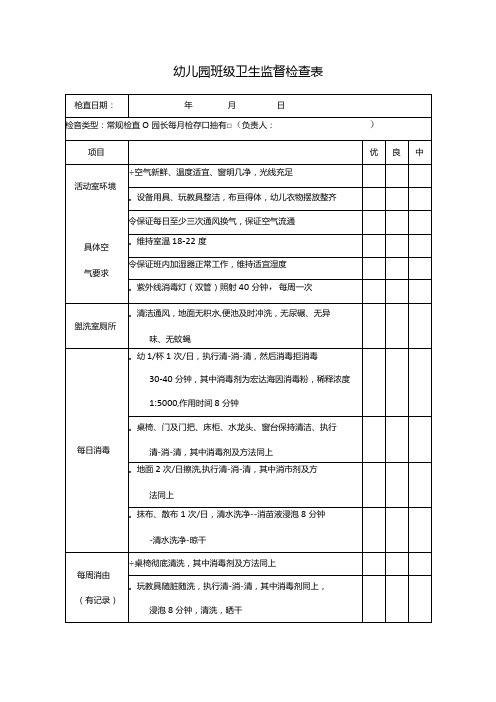 幼儿园班级卫生监督检查表